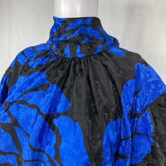 Annie Corvall Shirt Womens Sz 10 Vintage Blue Black Floral High Neck‎ Tie - Picture 4 of 9